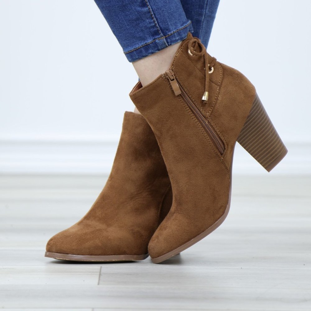 Brown Faux Suede Pointed Toe Low Heel Ankle Boots Back Laces Booties - Picture 8 of 12
